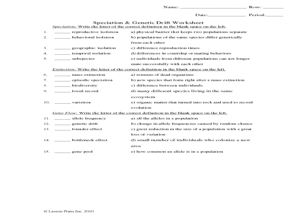 Genetic drift worksheet answer key