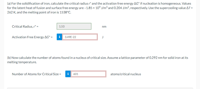 For the solidification of iron calculate the critical radius