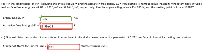 For the solidification of iron calculate the critical radius